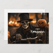 Carte Postale Joyeux squelette d'Halloween et citrouille (Devant / Derrière)