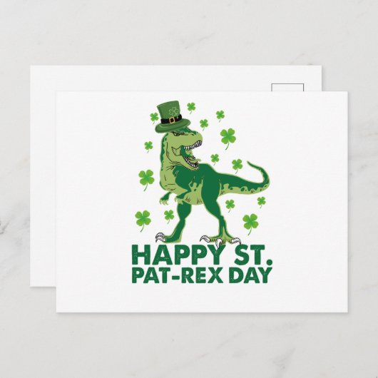 Carte Postale Joyeux St Pat T-Rex Saint Patrick's Day Dinosaur (Devant / Derrière)