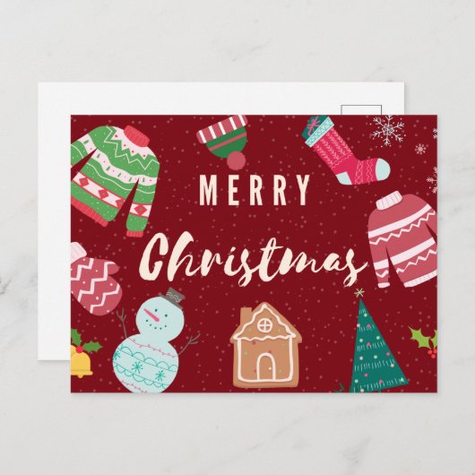 Carte Postale Joyeux Sweaters à nappes, Snowman, Arbre (Devant / Derrière)