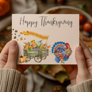 Carte Postale Joyeux Thanksgiving Dinde Citrouille Chariot 