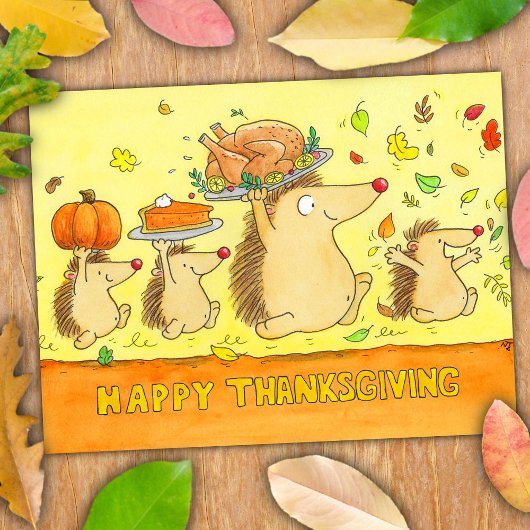 Carte Postale Joyeux Thanksgiving Mignons Hérissons de Dessin An