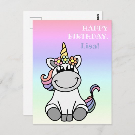 Carte Postale Joyeux voeux d'anniversaire mignon Unicorn Rainbow (Devant / Derrière)