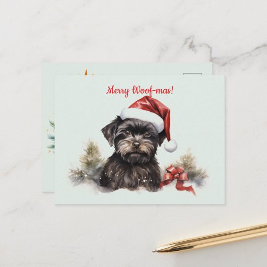 Carte Postale Joyeux Woof-mas Chien arbre Noël Noël de Noël (Devant/Arrière en situation)