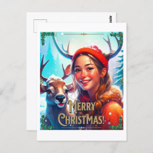 CARTE POSTALE JOYEZ NOËL REINDEER AVEC HEUREUSE FILLE