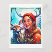 CARTE POSTALE JOYEZ NOËL REINDEER AVEC HEUREUSE FILLE (Devant)