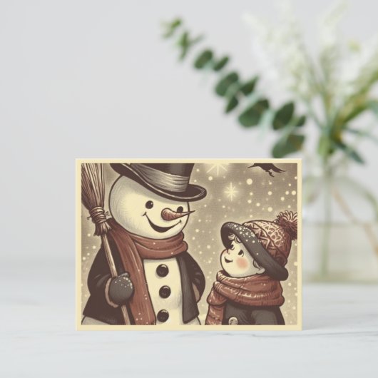 Carte postale Joyful Snowman and Child Cartoon (Debout devant)