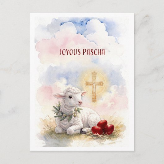 Carte Postale Joyous Pascha Lamb, Red Eggs and Cross (Devant)