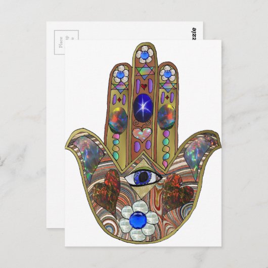 Carte Postale Judaica Hamsa Coeurs Fleurs Opal Art Imprimer (Devant / Derrière)