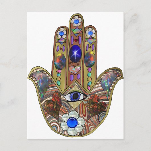 Carte Postale Judaica Hamsa Coeurs Fleurs Opal Art Imprimer (Devant)