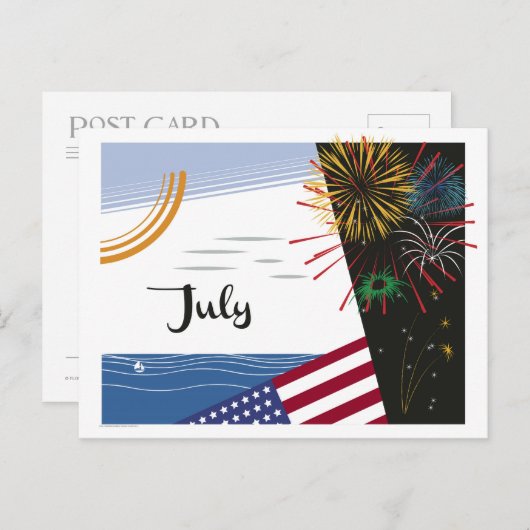 Carte Postale Juillet Art Déco Plage scène avec Drapeau et feux  (Devant / Derrière)