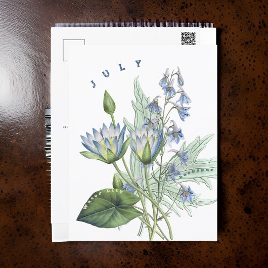 Carte Postale Juillet Mois Fleurs Larkspur et Lys d'eau |