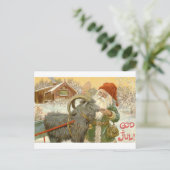 Carte Postale Jultomten nourrit Yule Chèvre un biscuit (Debout devant)