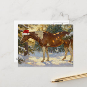 Carte Postale Jument Paint Horse de Noël Chapeau de Père Noël Fo