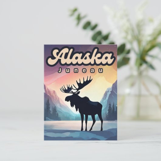 Carte Postale Juneau Alaska Moose Aurora Northern Lights Nature (Debout devant)