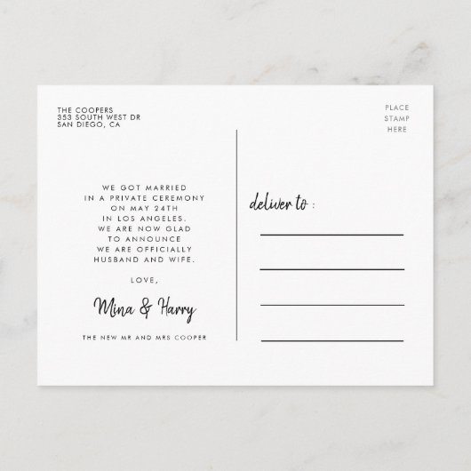 Carte Postale Juste marié Modern script mariage photo (Dos)