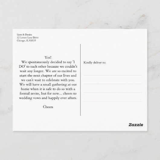 Carte Postale Juste Marié Script Mariage Elopement (Dos)