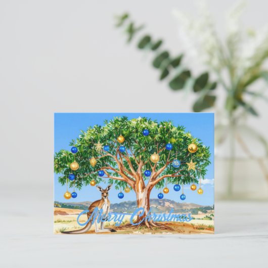 Carte Postale Kangaroo sous le gumtree avec les baubles de Noël (Debout devant)