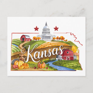 Carte Postale Kansas États-Unis État Forme Aquarelle Vintage