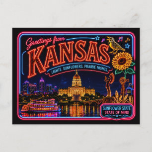 Carte Postale Kansas Neon State Rétro Vintage