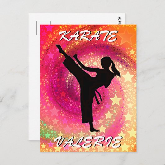Carte Postale Karate Girl Kick Stars and Swirls Retro (Devant / Derrière)