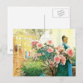 Carte Postale Karin aux fleurs roses et son métier à tisser (Devant / Derrière)