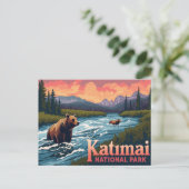 Carte Postale Katmai Bears Fishing River Vintage Art (Debout devant)