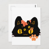 Carte Postale Kawaii Black Cat Peekaboo Art with Bow (Devant / Derrière)