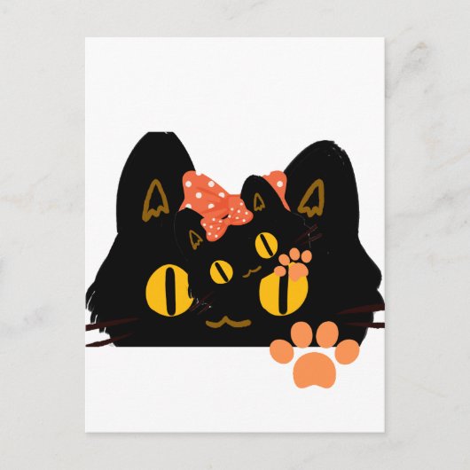 Carte Postale Kawaii Black Cat Peekaboo Art with Bow (Devant)