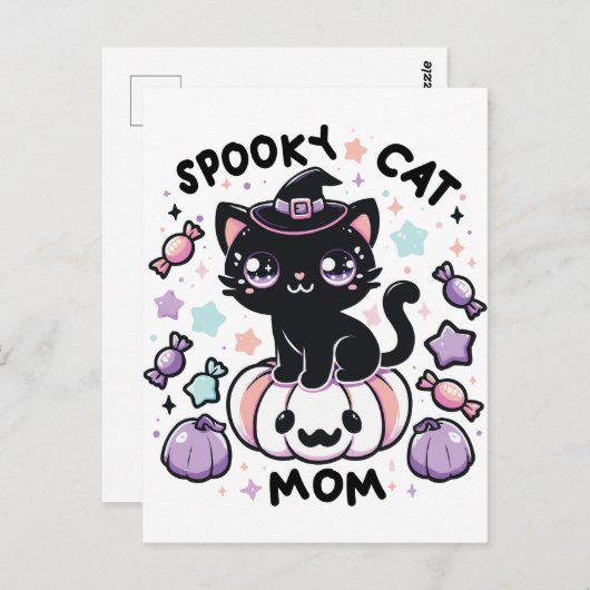 Carte Postale Kawaii Halloween Chat - Jolie sorcière Kitty sur C (Devant / Derrière)