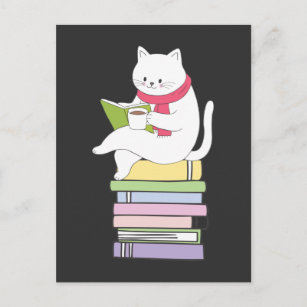 Carte Postale Kawaii Lecteur de livre Amoureux des chats Thé Boi