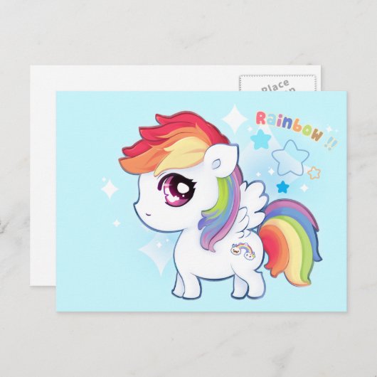 Carte Postale Kawaii mignon poney arc-en-ciel avec étoiles étinc (Devant / Derrière)