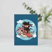Carte Postale Kawaii Ninja Chat à cheval sur un Dragon Rouge (Debout devant)