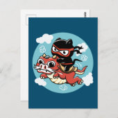 Carte Postale Kawaii Ninja Chat à cheval sur un Dragon Rouge (Devant / Derrière)