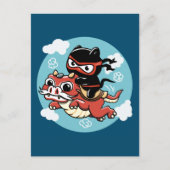 Carte Postale Kawaii Ninja Chat à cheval sur un Dragon Rouge (Devant)
