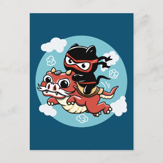 Carte Postale Kawaii Ninja Chat à cheval sur un Dragon Rouge (Devant)