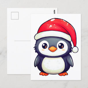 Carte Postale Kawaii Penguin Portant un chapeau de Père Noël cos