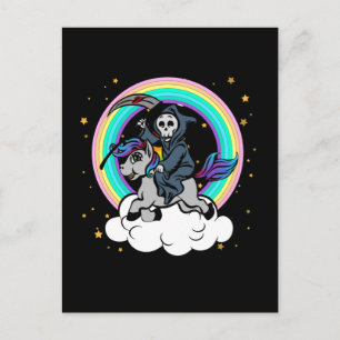 Carte Postale Kawaii Rainbow Grim Reaper équitation Unicorn