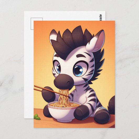 Carte Postale Kawaii Zebra Manger Ramen (Devant / Derrière)