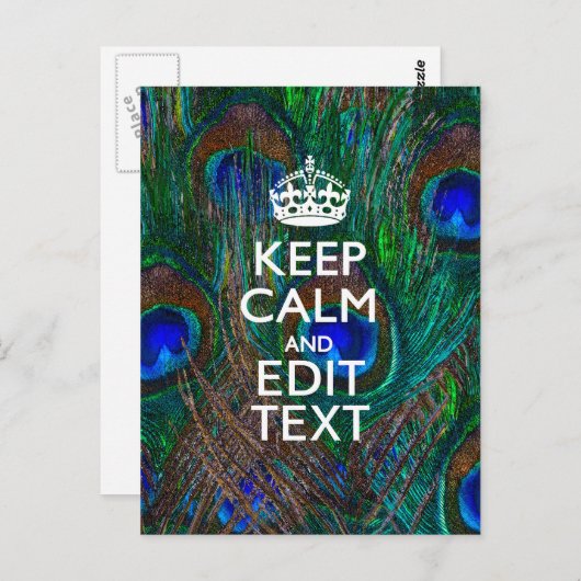 Carte Postale Keep Calm and Have Your Text on Peacock Feathers (Devant / Derrière)