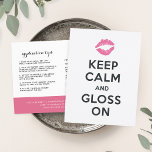 Carte Postale Keep calm | Conseils et astuces du distributeur de<br><div class="desc">Partagez avec vos clients des conseils d'application en rouge à lèvres et des astuces et astuces supplémentaires avec ces cartes postales doubles mignonnes. Le côté avant est surmonté d'une illustration vibrante en forme de lèvre rose. Retourner pour révéler deux champs pour des trucs et astuces avec du texte entièrement modifiable,...</div>