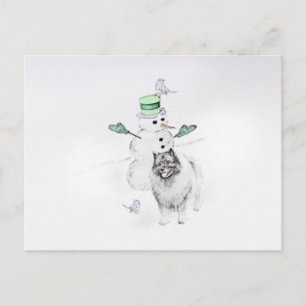 Carte Postale Keeshond Noël Snowman Peinture Chien Art