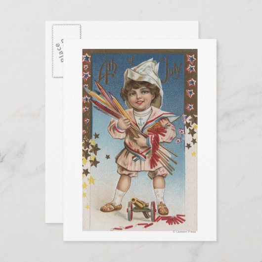 Carte Postale Kid Holding Fireworks et Rockets (Devant / Derrière)