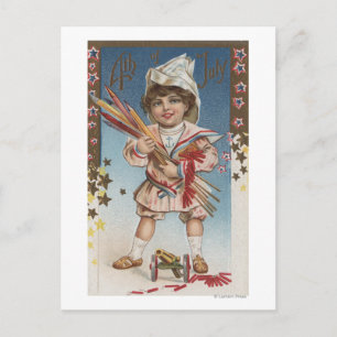 Carte Postale Kid Holding Fireworks et Rockets