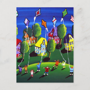 Carte Postale Kids Flying Kites Folk Art