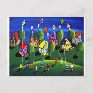 Carte Postale Kids Flying Kites Folk Art