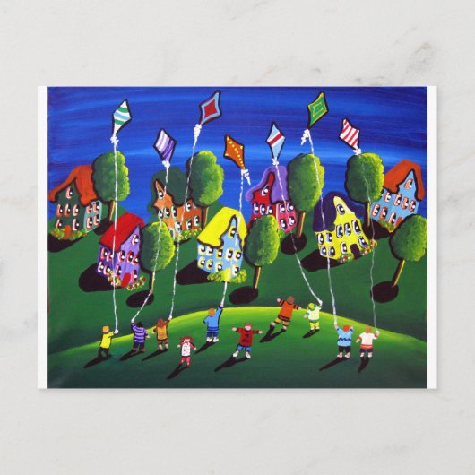 Carte Postale Kids Flying Kites Folk Art (Devant)