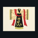 Carte Postale Kimono japonais traditionnel avec l'impression<br><div class="desc">Nancy Slocum a créé cette copie avec du charme d'un kimono japonais traditionnel avec une ceinture rouge-foncé. Le fond du kimono est noir avec une belle impression florale. Donnez ceci comme cadeau, ou achetez-le pour vous-même !</div>