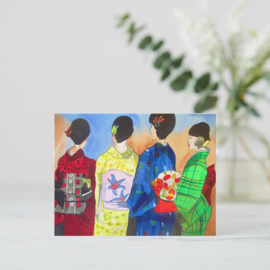 Carte Postale Kimono printemps japonais Geisha aquarelle art (Debout devant)