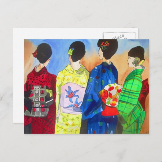Carte Postale Kimono printemps japonais Geisha aquarelle art (Devant / Derrière)