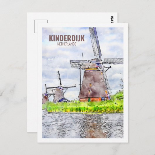 Carte Postale Kinderdijk Pays-Bas Travel Aquarelle Sketch (Devant / Derrière)